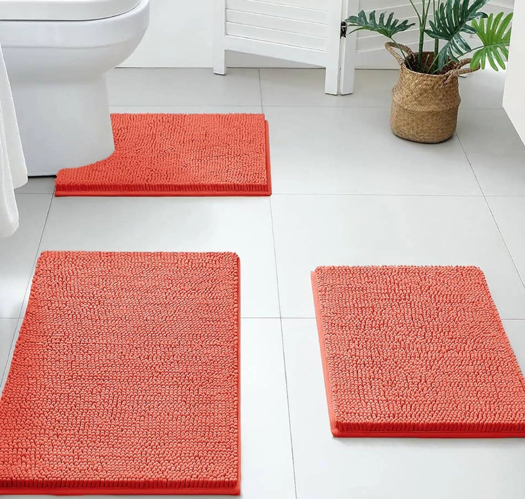 3 Piece Set Coral Cozy Plush Soft Chenille Bath Mat