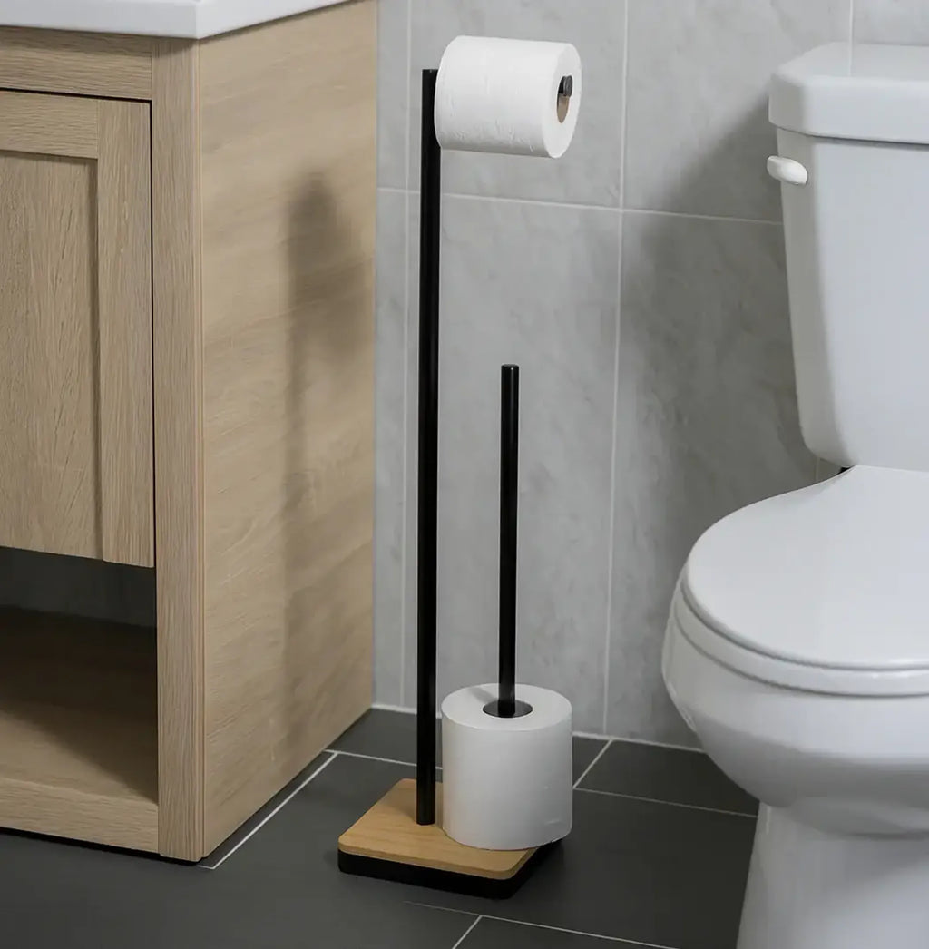 Matte Bamboo & Iron Toilet Paper Holder & Reserve