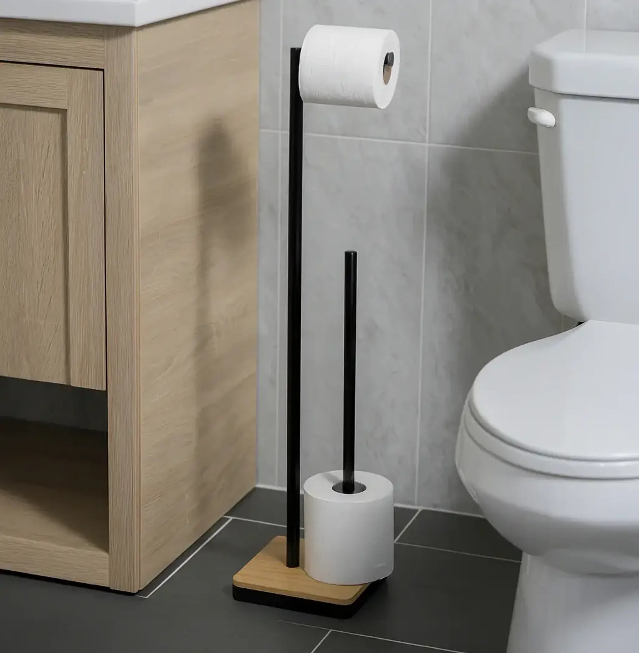 Matte Bamboo & Iron Toilet Paper Holder & Reserve
