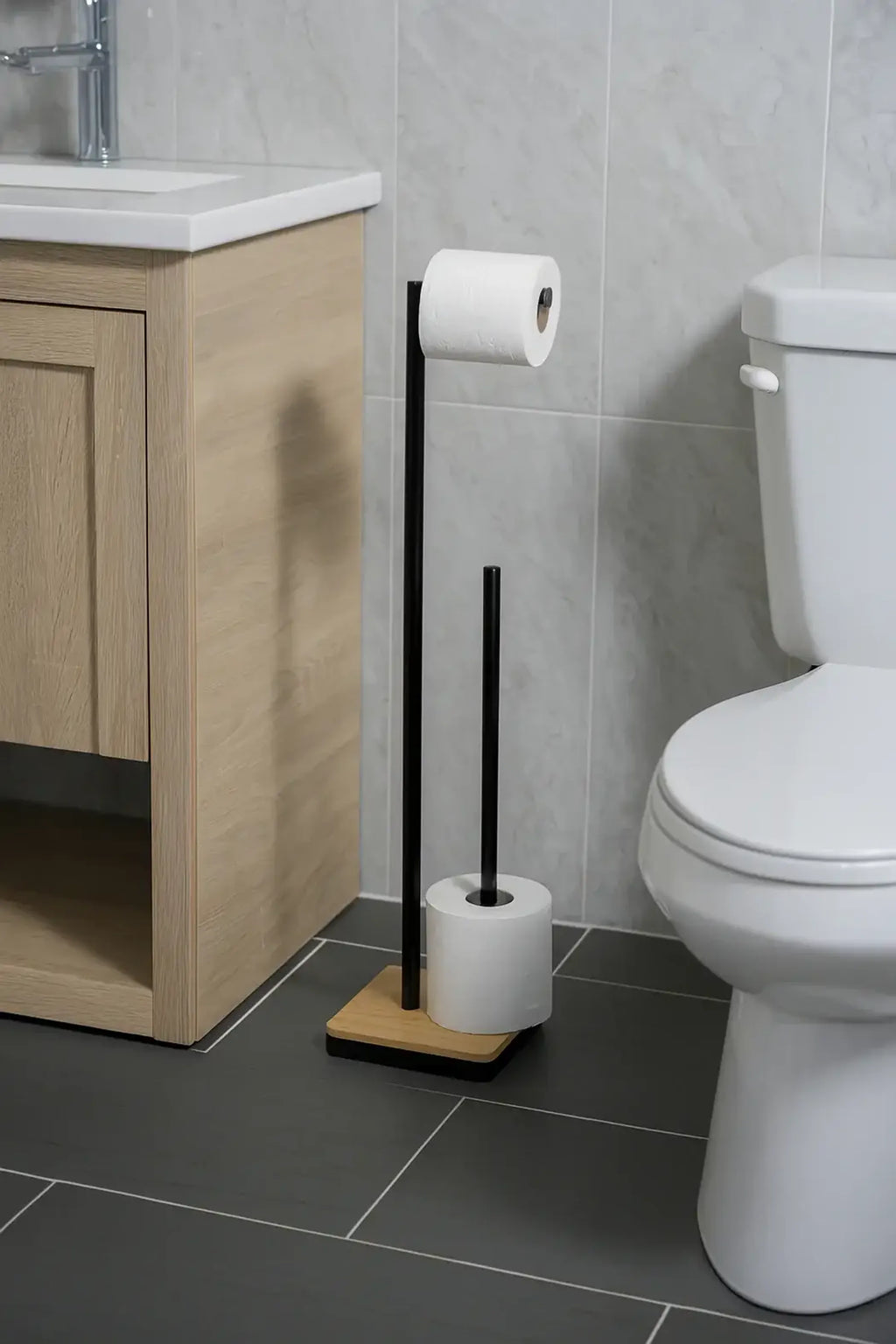 Matte Bamboo & Iron Toilet Paper Holder & Reserve