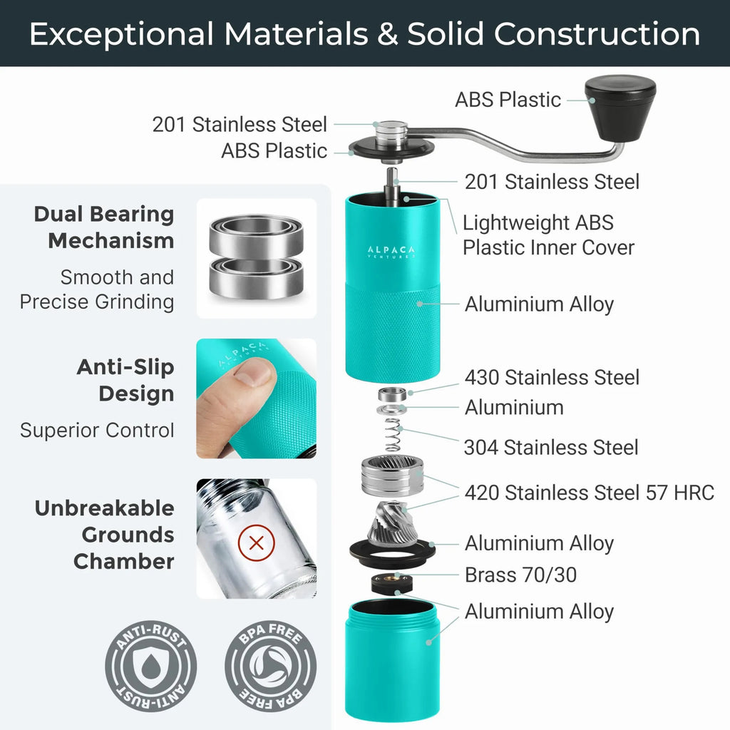Manual Coffee Grinder Stainless Steel Conical Burr Coffee Grinder Manual with Adjustable Setting Double Bearing Hand Espresso Grinder Perfect for Home