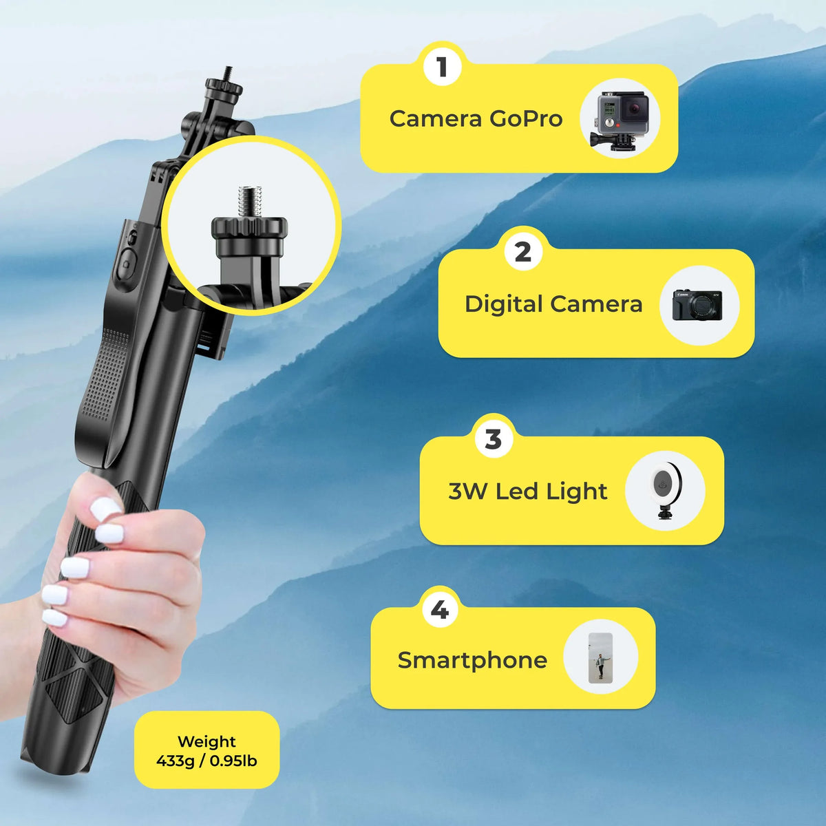 Phone Tripod 62 Selfie Stick for iPhone with Remote and 3W LED Light