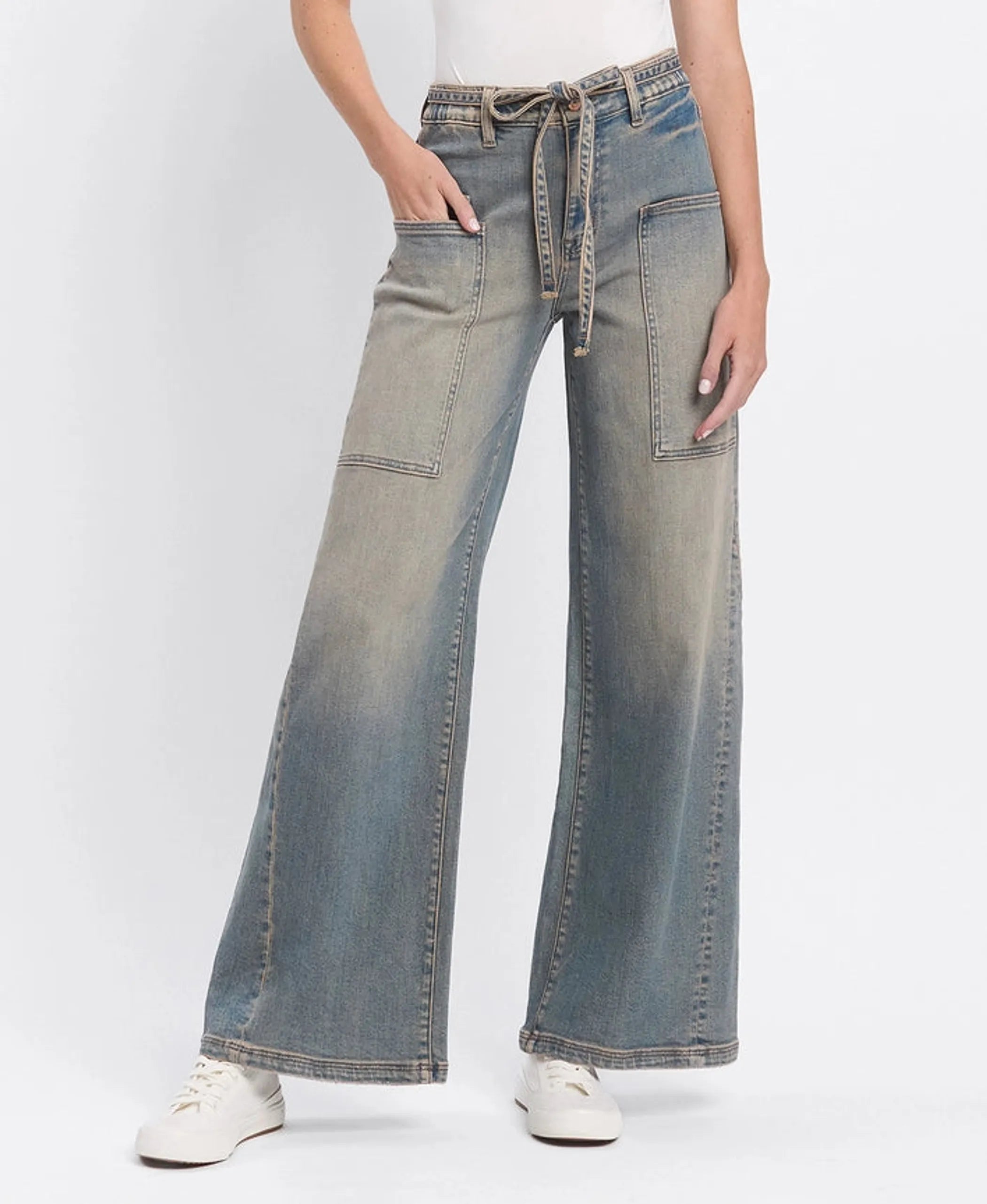 High Rise Elastic Tie Waistband Baggy Wide Jeans