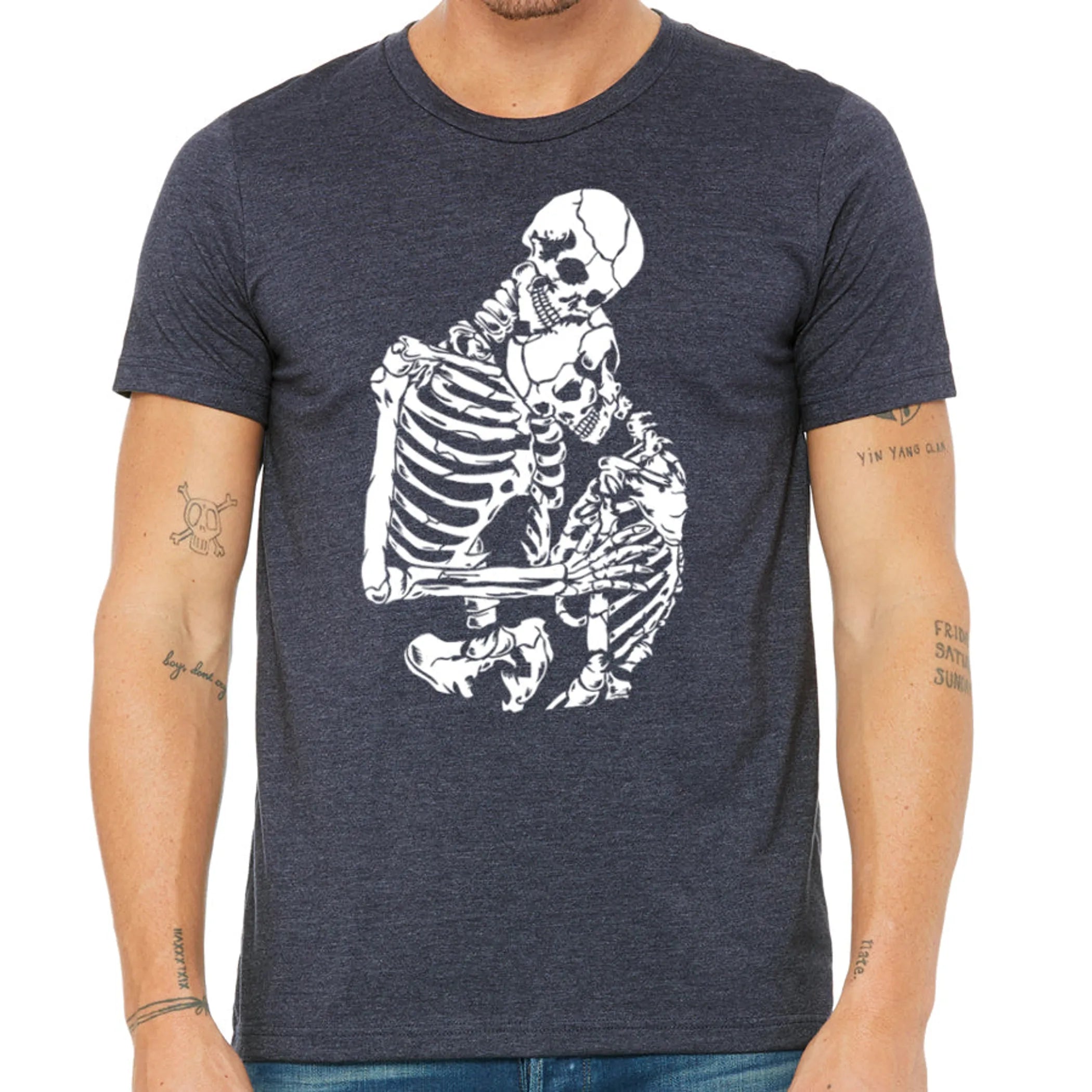 Hugging Skeletons T Shirt- Men's Gothic Skeleton Couple Tee