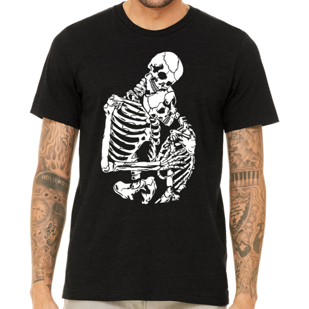 Hugging Skeletons T Shirt- Men's Gothic Skeleton Couple Tee