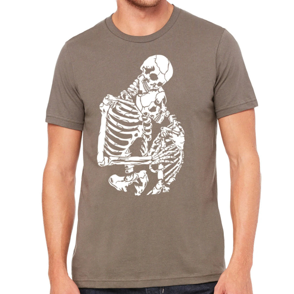 Hugging Skeletons T Shirt- Men's Gothic Skeleton Couple Tee