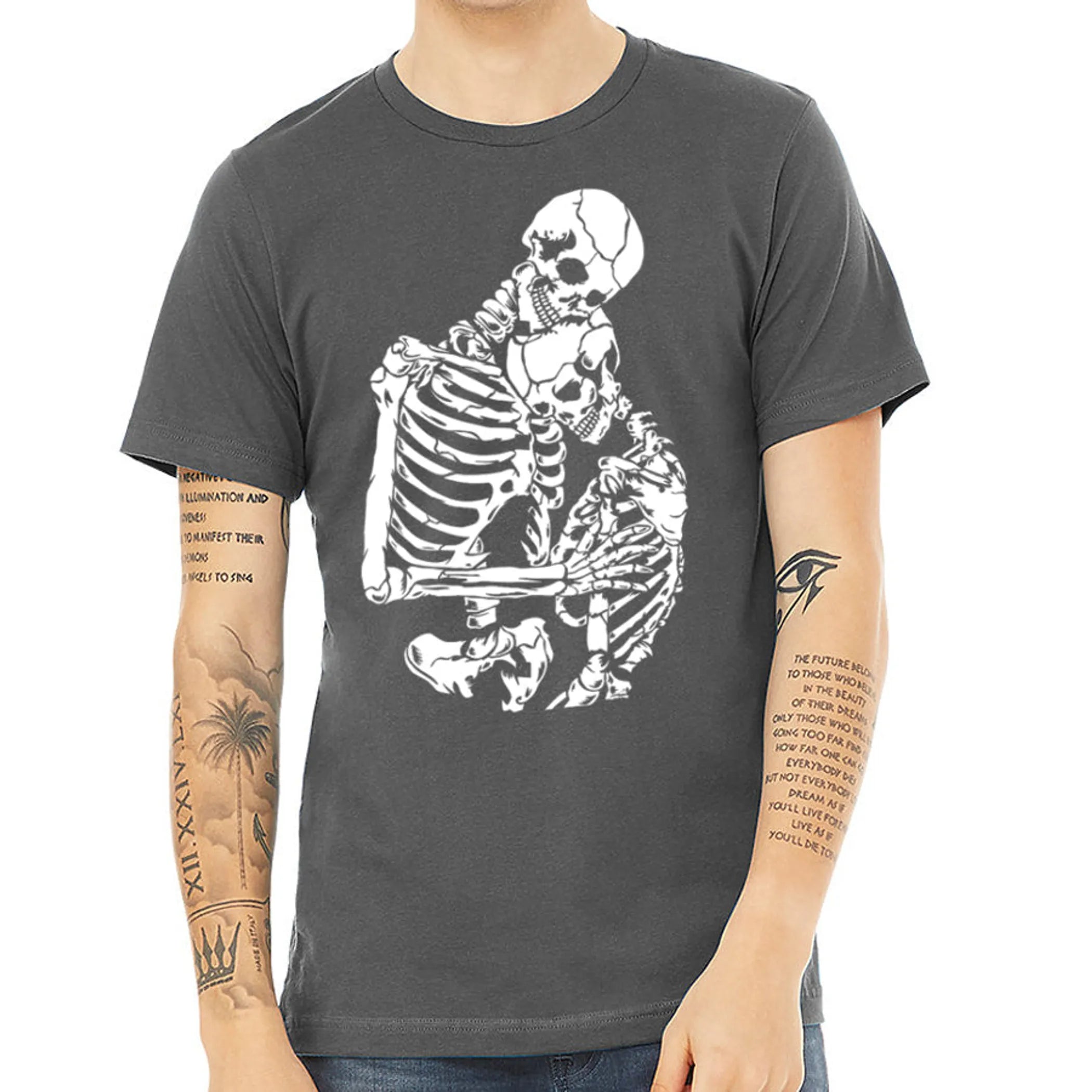 Hugging Skeletons T Shirt- Men's Gothic Skeleton Couple Tee