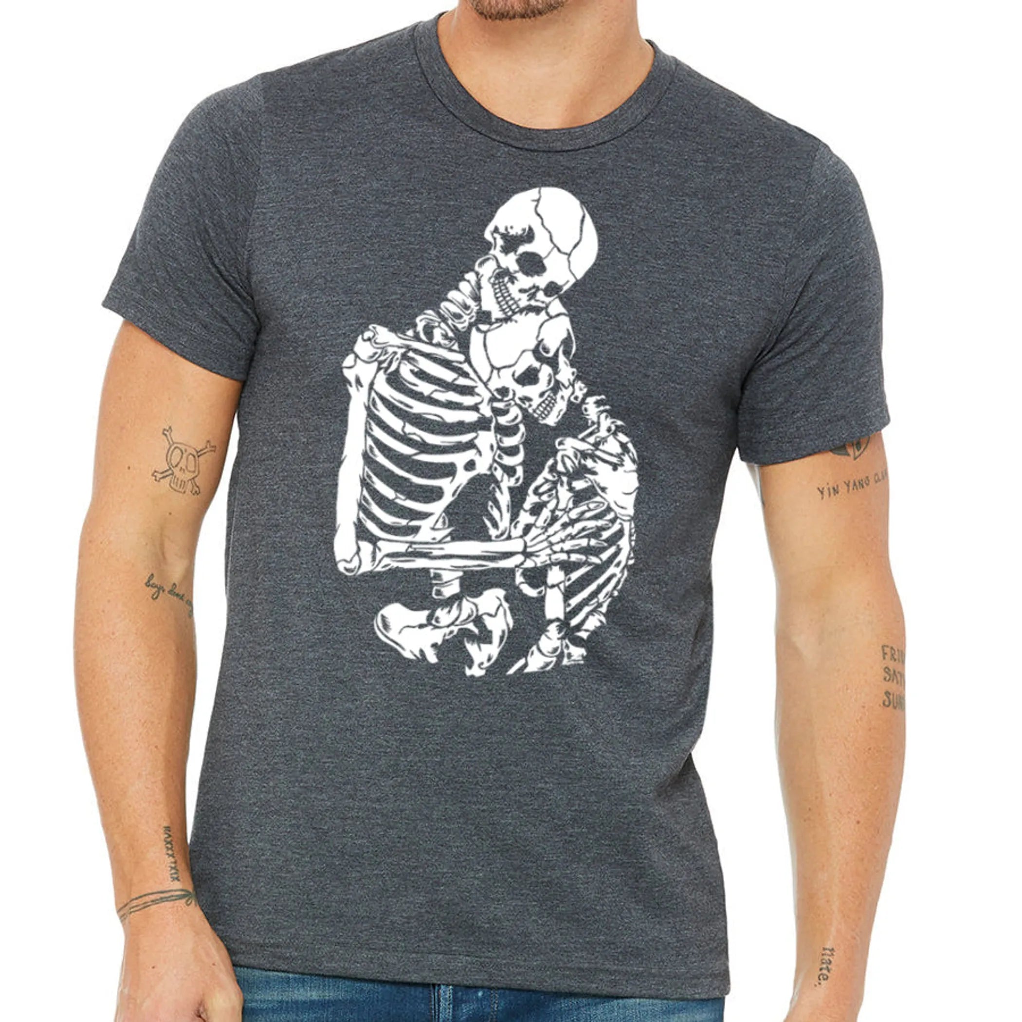 Hugging Skeletons T Shirt- Men's Gothic Skeleton Couple Tee