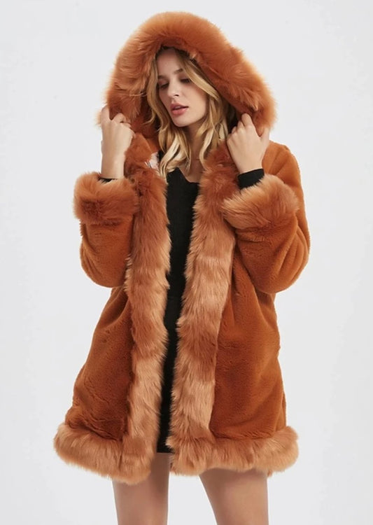 ,Womens Hooded Faux Fur Collar Coat